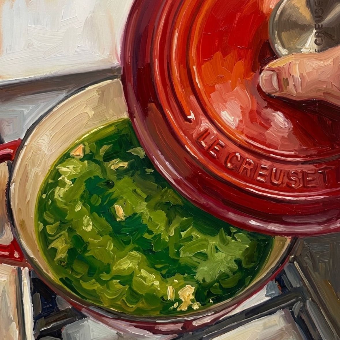 Oil painting of a pot with greens