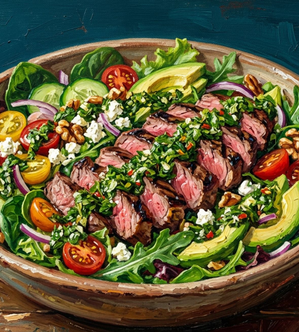 Oil painting of a steak salad with avocado and tomatoes