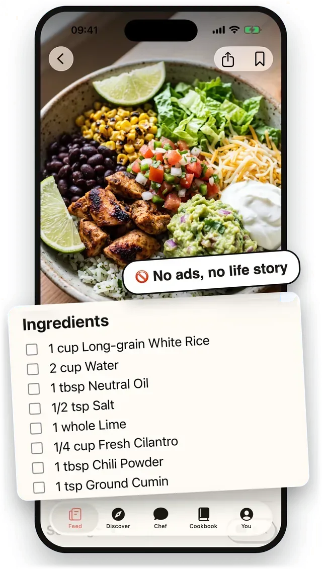 The Chicken Burrito Bowl recipe in the Aldenté app, with its photo and a checkable ingredient list