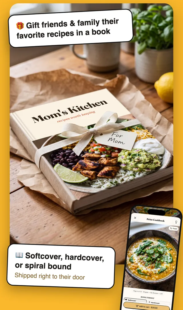 A printed Aldenté hardcover cookbook titled Mom's Kitchen, wrapped as a gift, next to the Print Cookbook screen in the app